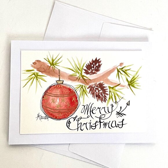 Merry Christmas Blank Greeting Card Original Handmade Watercolor Artwork Signed - Picture 4 of 4